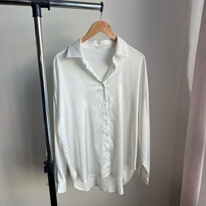 12th Tribe white satin button down with sequined collar and cuffs